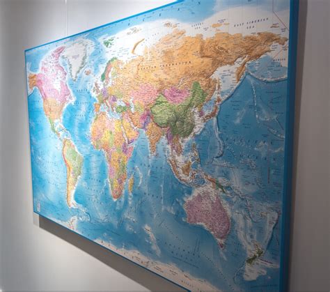 World Wall Map Framed Canvas Political Colour Relief Blue Ocean Bold