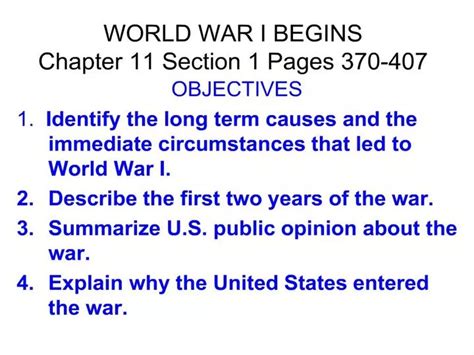 Ppt World War I Begins Chapter 11 Section 1 Pages 370 407 Powerpoint