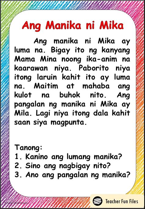 Teacher Fun Files Filipino Reading Materials With Comprehension Questions