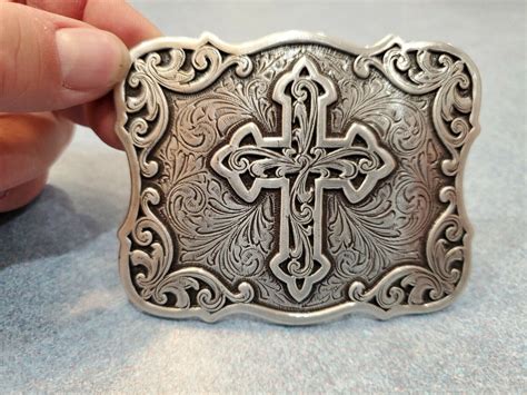 Large Silver Color Cross Scroll Religious Belt Buckle Etsy