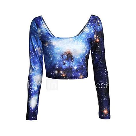 Womens Galaxy Blue T Shirt Casualprint Deep U Long Sleeve 2576672 2016 2832