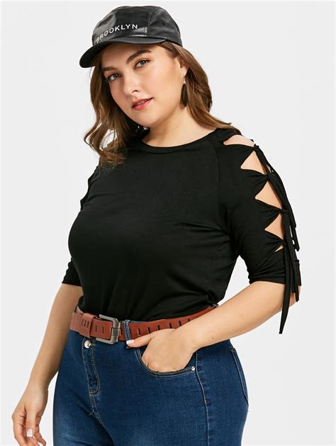 Wipalo Plus Size Cut Out Half Sleeve Tee Solid Color Empire Waist T