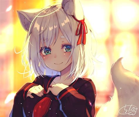 Anime Girl White Hair Seifuku Animal Ears Smiling Cute School