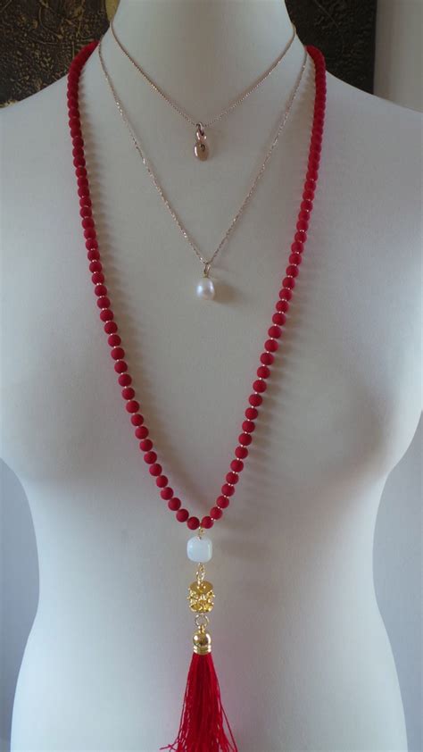 Long Beaded Red Tassel Necklace Red By Allaboutevecreations