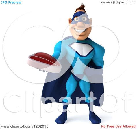 Clipart Of A 3d Super Hero Man In A Blue Costume Holding A Steak