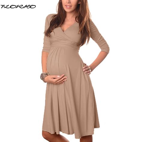 Maternity Clothes 2018 Spring Summer Pregnant Women Dress Casual Sexy V Neck 3 4 Sleeve Solid A