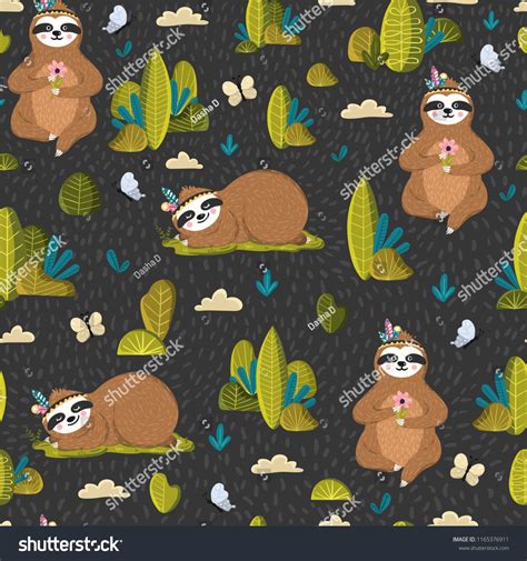 Seamless Pattern With Funny Sloths In The Forest Adorable Animal