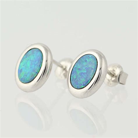 Opal Stud Earrings 14k White Gold Oval Style Pierced