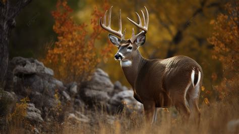 Large Whitetail Buck Stands In The Field Under A Beautiful Golden Leaf