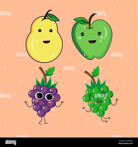 Vector Collection Of Cute Fruits Funny Fruit Characters Isolated On Pink Background Cute And