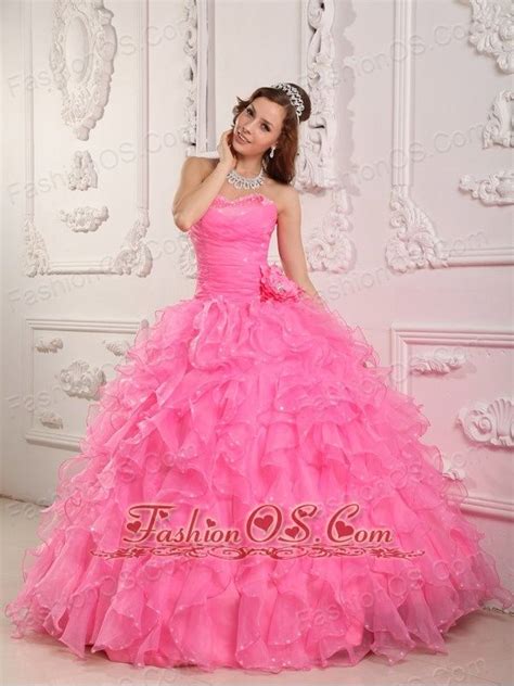 Romantic Rose Pink Quinceanera Dress Sweetheart Organza Beading Ball