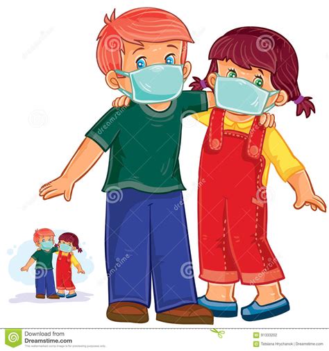 Vector Little Boy And Girl In Medical Masks Protection