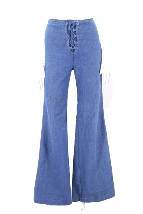 70s Denim Lace Up Hi Waisted Bell Bottom Jeans Sz 28 Vintage 1970s