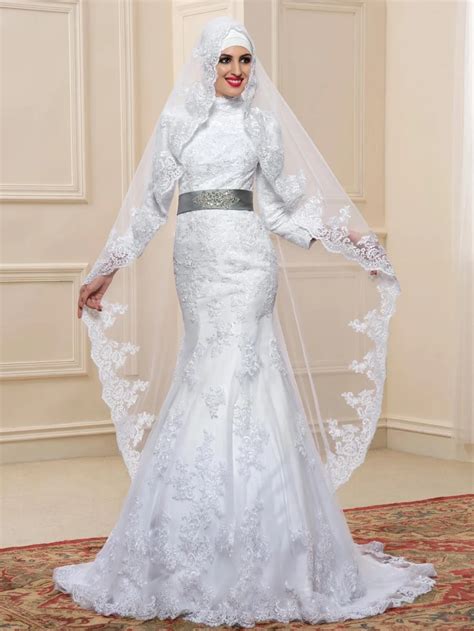 Buy 2016 New Dubai Arabic Muslim Wedding Dresses White Lace High Neck Long