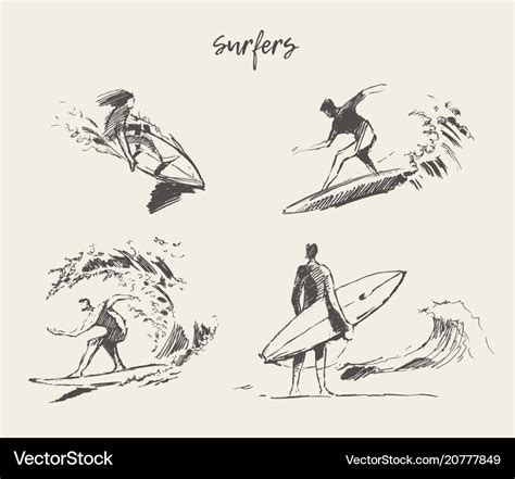 Set Drawn Young Man Beach Surfboard Sketch Vector Image