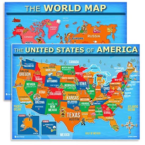 Usa And World Map Poster 2 Pack For Kids Laminated Large Illustrated