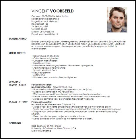 Sitting at the very top of your cv, your profile is the very first thing a recruiter will see, so it needs to hold their attention and encourage them to read on. Voorbeeld CV Personal Assistant | LiveCareer