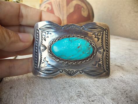 Vintage Belt Buckle For Men Native American Indian Turquoise Silver