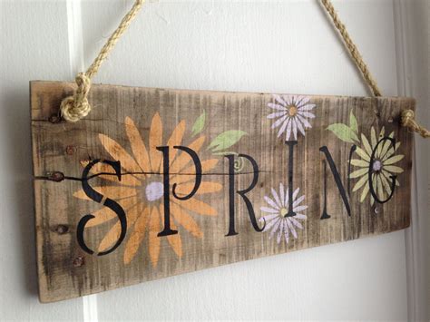 Distressed Natural Rustic Spring Hanging Sign with Flowers made from