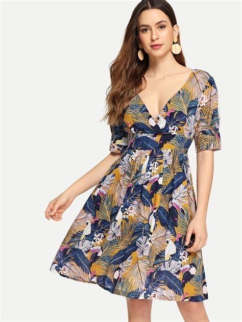 V Neck Tropical Print Dress Sheinsheinside Tropical Print Dress