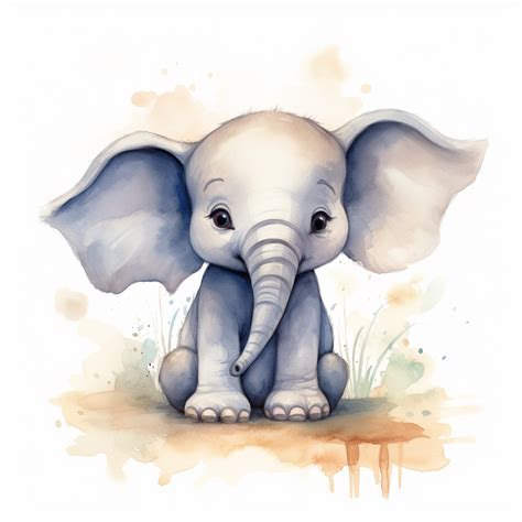 A Watercolor Painting Of Very Cute And Sweet Baby Elephant Holds Trunk