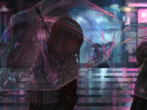 Download Wallpaper 1600x1200 Girl Umbrella Anime Rain Street Night