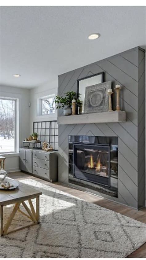 Chevron Shiplap Fireplace In Soft Gray With Rustic Mantel Is The