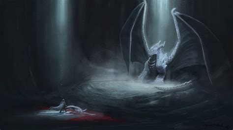 Hd Wallpaper Fantasy Dragon Cave Dark Duel Light Warrior