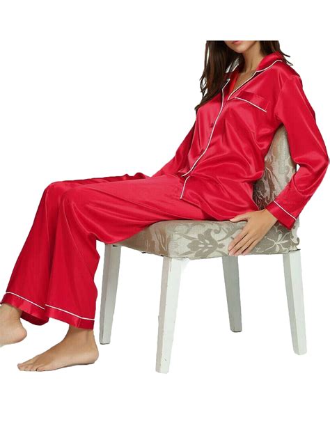 Womens Girls Silk Satin Pajamas Set Long Sleeve Loose Sleepwear