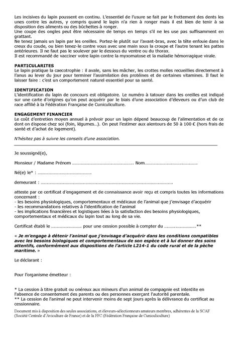 Certificat Dengagement Et De Connaissance Pour Le Lapin En Pratique
