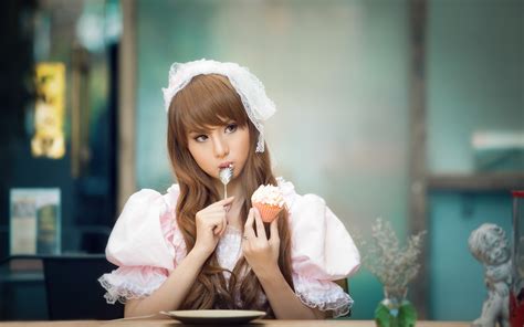 Beautiful Asian Girl Eating Cake Lovely Dress Wallpaper