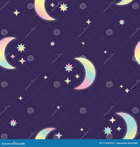 Vector Fluorescent Crescent Moon And Stars On Night Sky Seamless