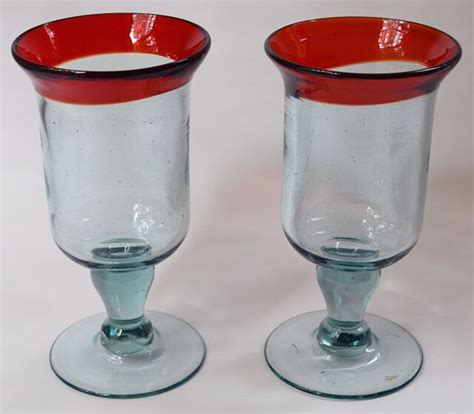 Set Of 2 Hand Blown Margarita Cocktail Glasses 12 Oz Red Rims Beautiful Ebay