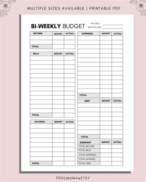 Bi Weekly Budget Overview Template Printable Paycheck Budget Printable Budget Binder Budget