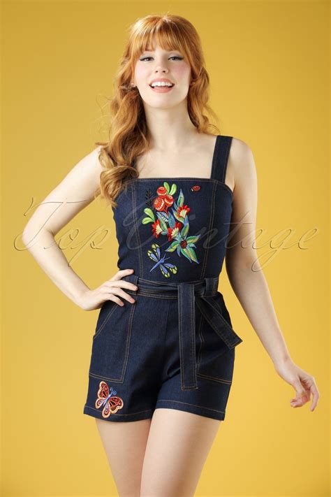 Vintage Rompers And Retro Playsuits 60s Callie Embroidered Playsuit In Denim £54 94 At