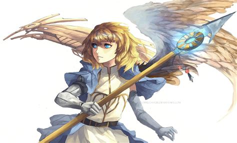 safebooru 1girl angel angel wings asymmetrical wings blonde hair blue eyes borrowed character