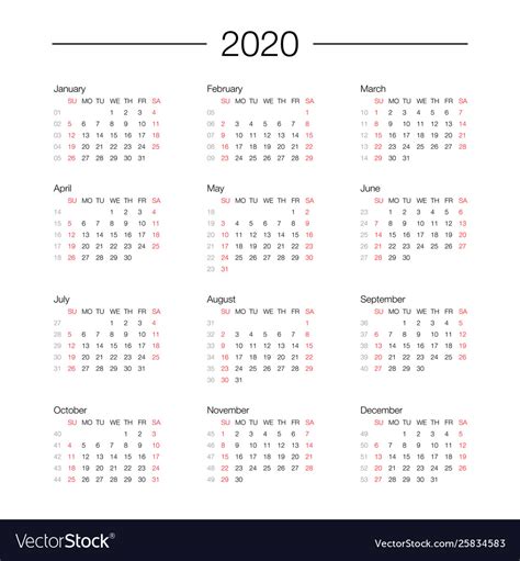 Calendar 2020 Year Template Day Planner In This Vector Image