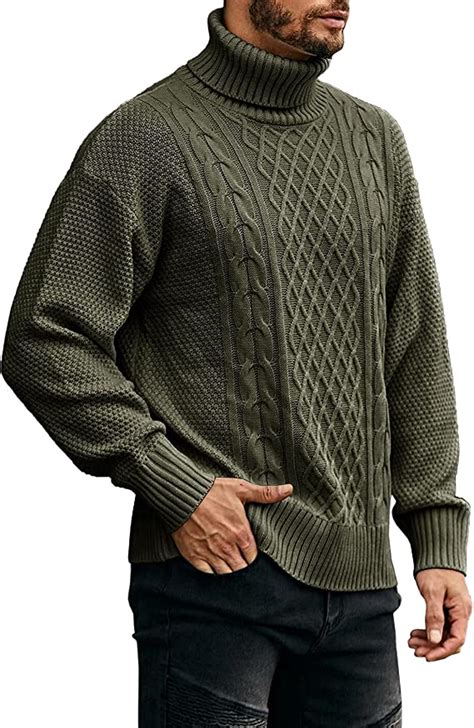 Angeun Mens Turtleneck Sweater Pullover Twisted Pattern Casual Loose