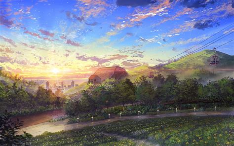 Anime Landscape Pretty Clouds Sunset Scenic Path Park Trees For