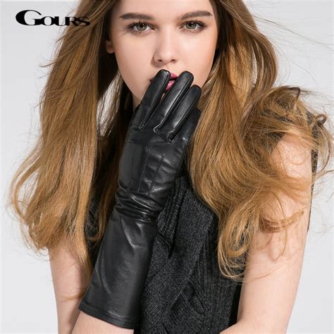 Gours Winter Long Genuine Leather Gloves For Women Fall 2018 New Fashion Brand Black Warm Gloves