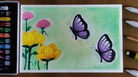 Drawing Beautiful Butterfly With Flowers Oil Pastel Tutorial For