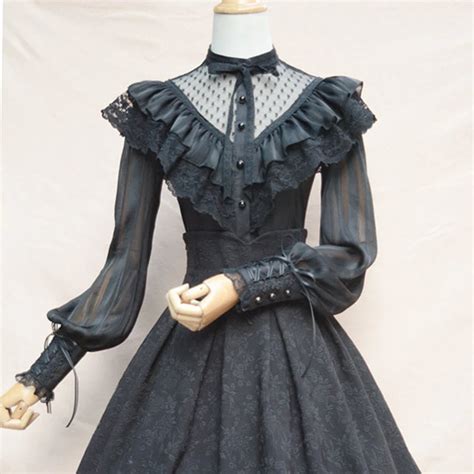 Black Lolita Vintage Lace And Chiffon Ruffle Long Sleeve Blouse Women