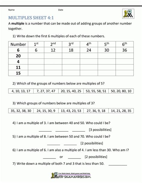 Multiples Of 6 Worksheet Free Printable
