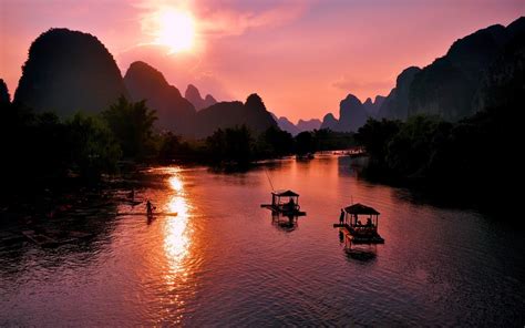 Wallpaper Beautiful Yangshuo Landscape Guilin China Sunset