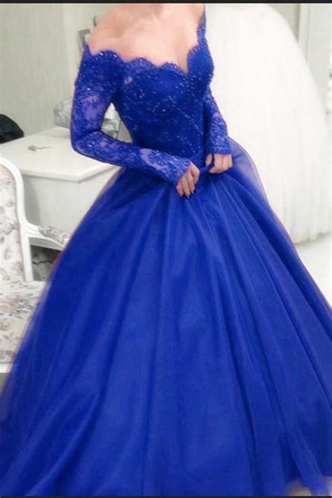 Formal Royal Blue Long Sleeves Long Lace Princess Prom Dress Ball Gown Bohogown