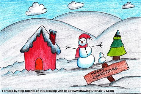 Christmas Snowman Scene Colored Pencils Drawing