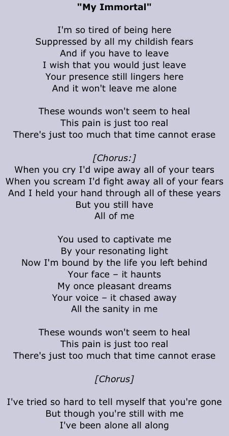 Lyrics To My Immortal By Evanescencethis Song Just Does Something