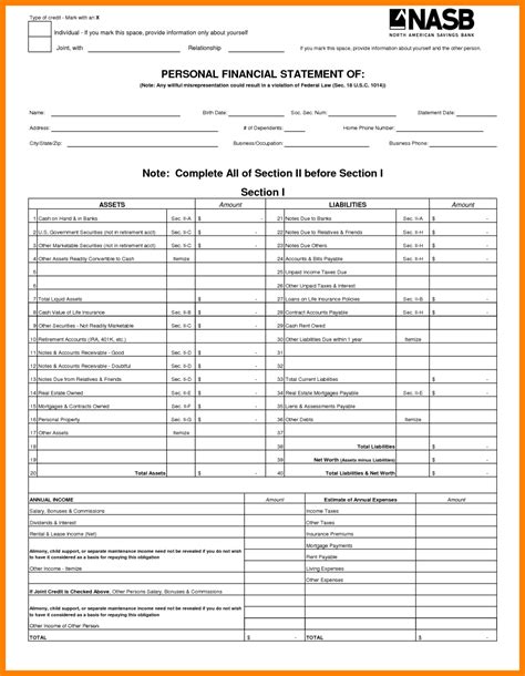 6 Free Printable Personal Financial Statement Form St Pertaining To