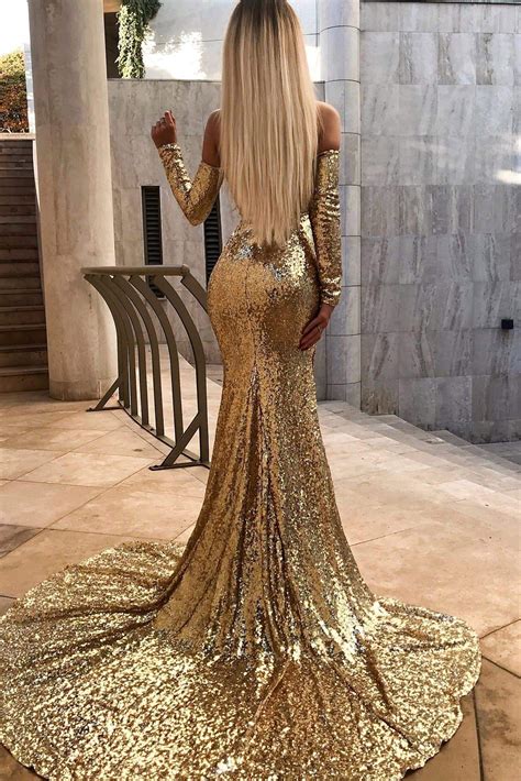 Diamanda Gold Sequin Gown With Long Off Shoulder Sleeves Aandn Luxe Label Backless Mermaid