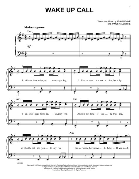 Wake Up Call Sheet Music Maroon 5 Easy Piano